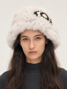 Woman wearing a milk tea rabbit fur knitted ethnic hat - Fireladyfur
