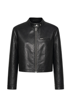 Firelady Fur Punk Party black oil-waxed goatskin leather moto jacket product cutout