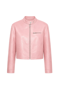 Firelady Fur Punk Party cropped stand collar leather moto jacket pink product cutout