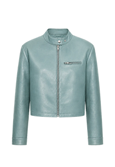 Firelady Fur Punk Party blue vegetable-tanned goatskin leather moto jacket product cutout