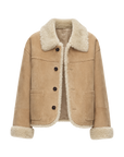 Firelady Fur Women‘s Contrast-Collar Shearling Coat with Shaved Leather Trim & Merino Shearling