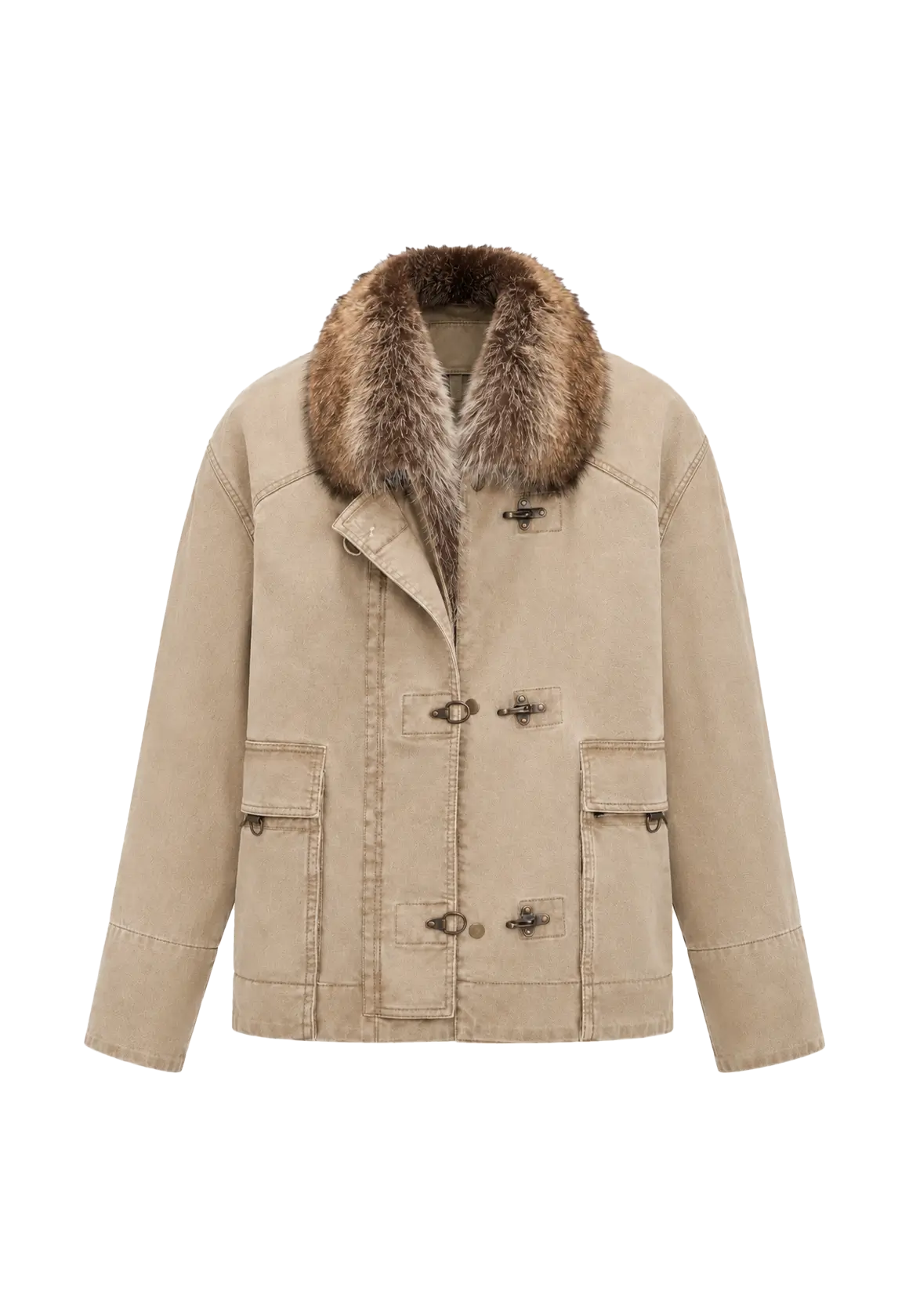 Firelady Fur Hearthside Simmer goose down parka with detachable raccoon fur hood, front view