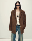 Firelady Fur Women’s Oversized Suede Blazer – Sheepskin Leather, Relaxed Fit, Lapel Colla