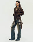 Firelady Fur Women's Vintage Light Waxed Sheepskin Moto Jacket | Adjustable Waist Biker Coat