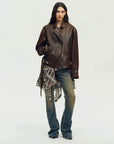 Firelady Fur Women's Vintage Light Waxed Sheepskin Moto Jacket | Adjustable Waist Biker Coat