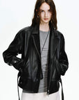 Firelady Fur Women's Vintage Light Waxed Sheepskin Moto Jacket | Adjustable Waist Biker Coat