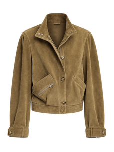 Firelady Fur Women's Suede & Oil-Wax Sheepskin Cropped Jacket – Puff-Sleeve Stand-Collar Design with Dual-Material Panels