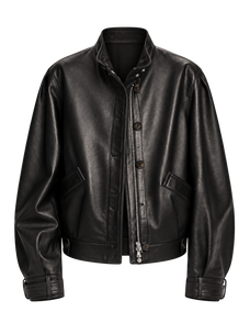 Firelady Fur Women's Suede & Oil-Wax Sheepskin Cropped Jacket – Puff-Sleeve Stand-Collar Design with Dual-Material Panels