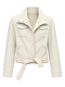 Firelady Fur Women's Suede & Washed Denim Cropped Jacket – High-Waisted Convertible-Collar Design with Sheepskin Trim