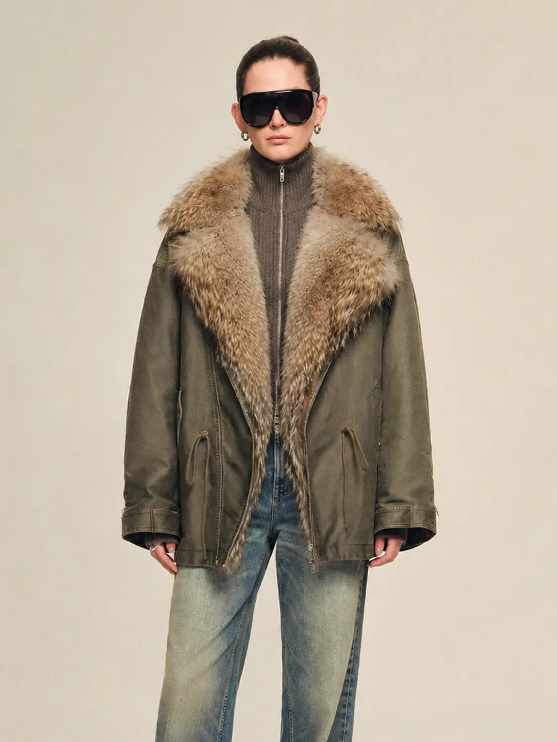 Model wearing the Firelady Wilderness Parka with two-tone Toscana coyote fur collar
