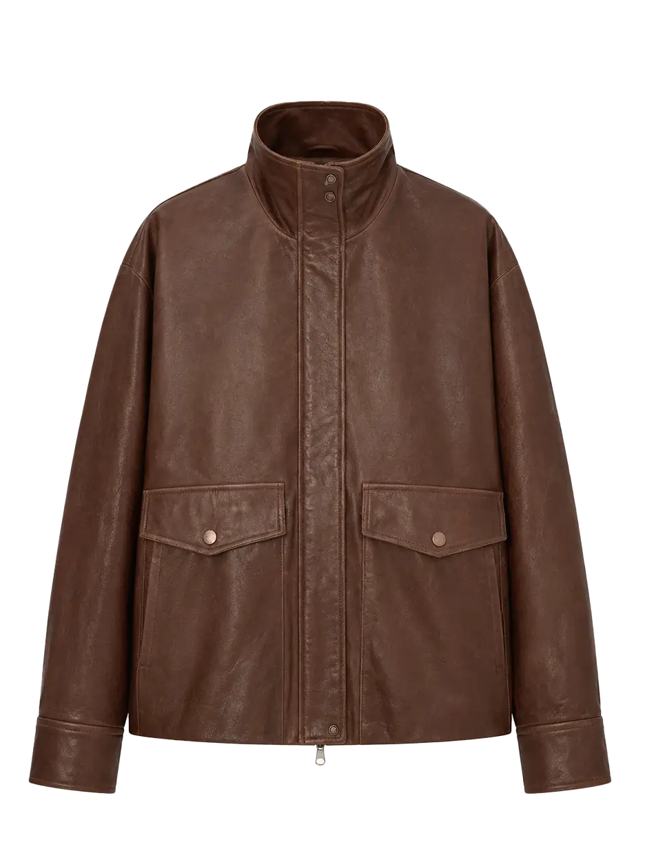Letrans Canyon Sunset waxed funnel neck cropped leather jacket product cutout