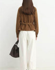 Letrans Women’s Cropped Suede Safari Jacket with Belt, Top-Grain Lambskin“Twilight Knight“