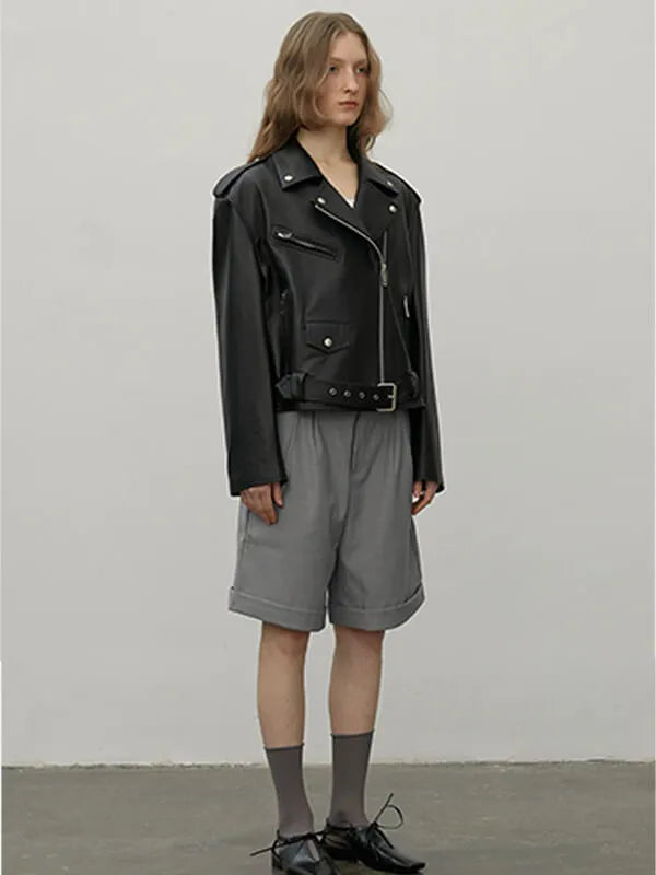 Letrans Women's Lambskin Leather Biker Jacket Cropped Retro Moto Style "Murasaki River"