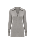 Light luxury silver silk knitted slightly transparent tie lapel slim drape long sleeve knitted top"Eiffel"