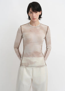 Smudge-printed mesh slightly see-through long-sleeved T-shirt for women