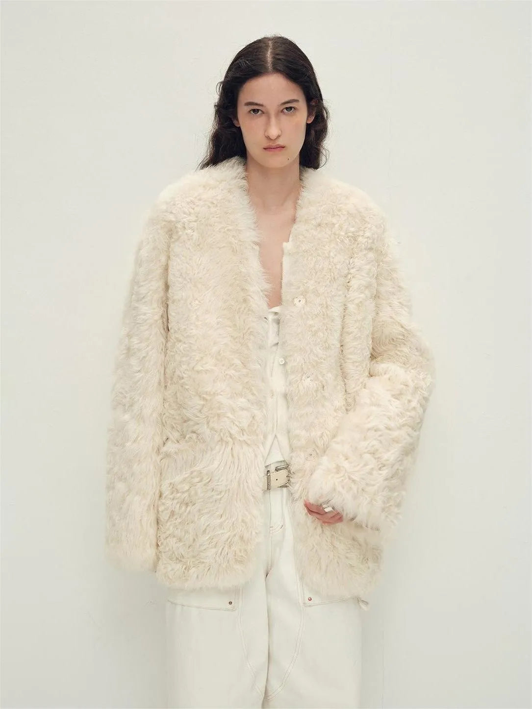 "Castle Dusk" V-neck Italian imported Tuscan curly wool sheepskin fur coat winter