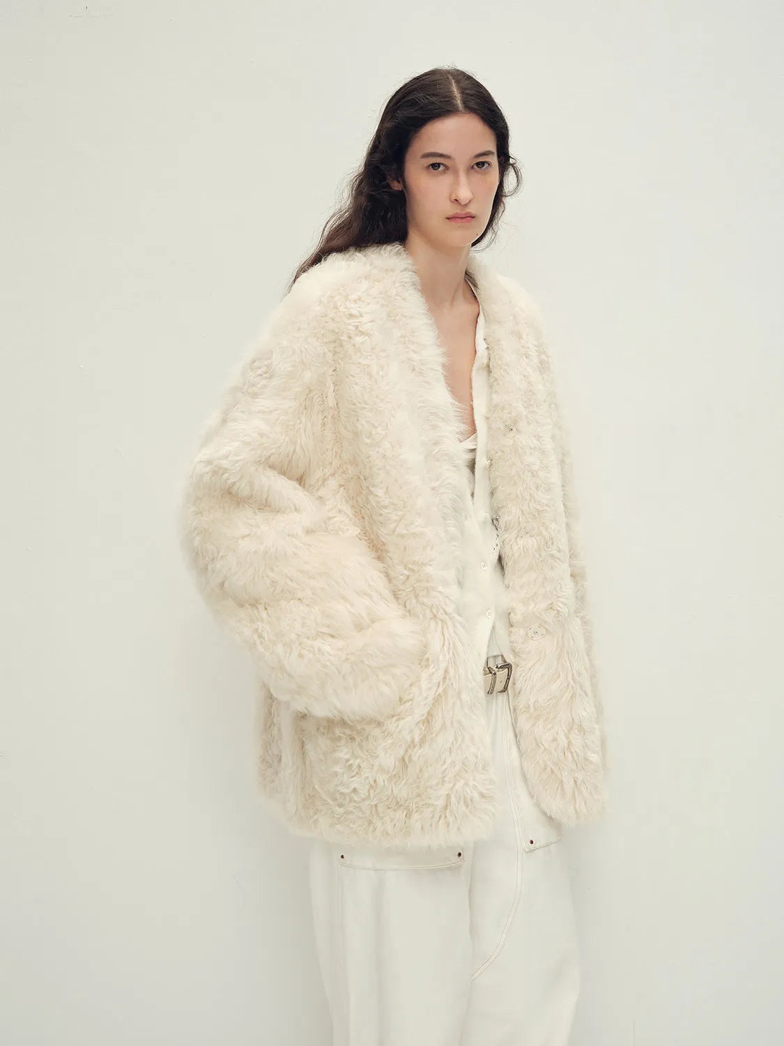 "Castle Dusk" V-neck Italian imported Tuscan curly wool sheepskin fur coat winter