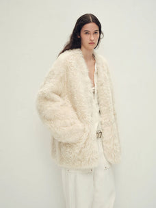 "Castle Dusk" V-neck Italian imported Tuscan curly wool sheepskin fur coat winter