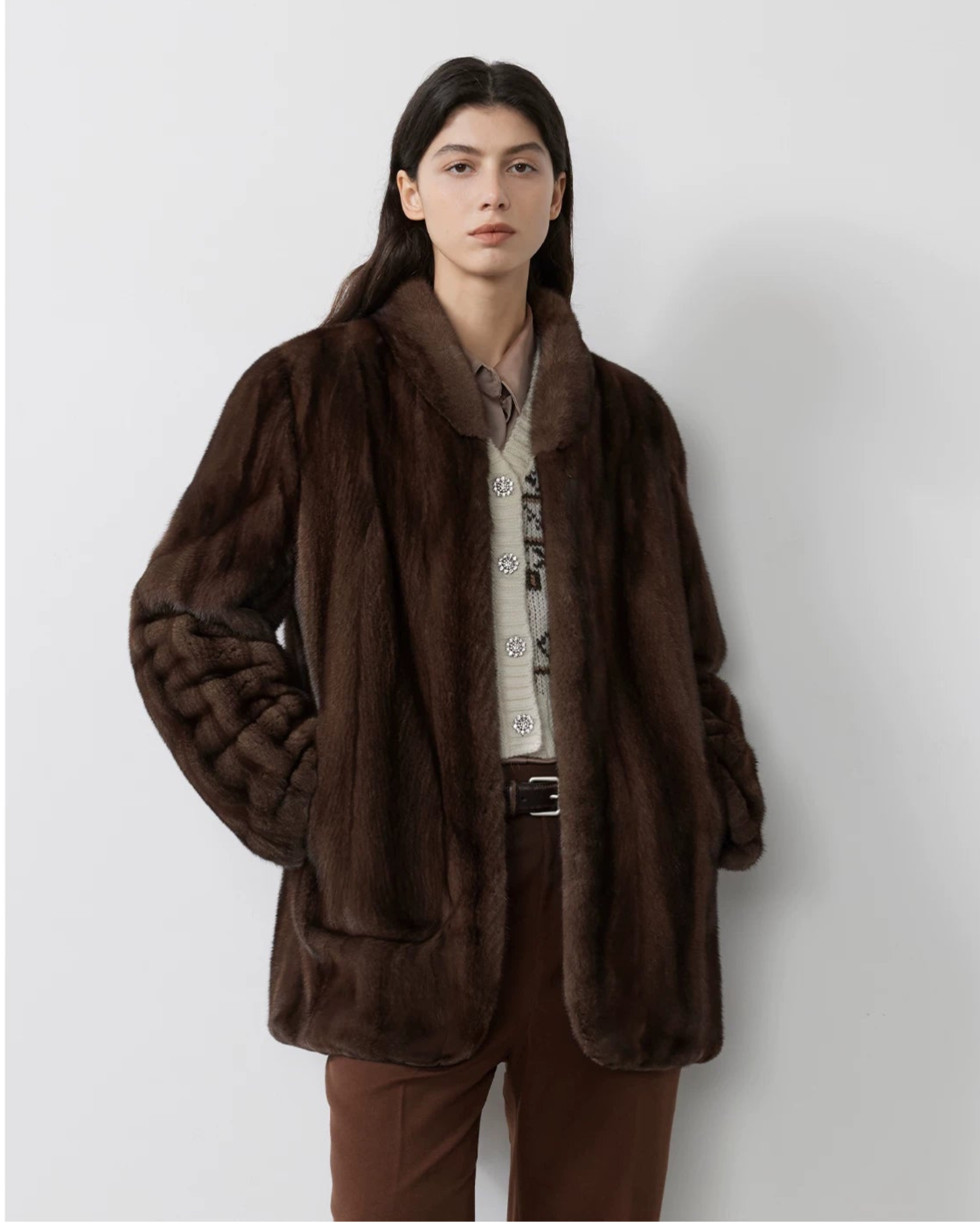 Warm coffee mink retro imported stand collar short mink fur coat