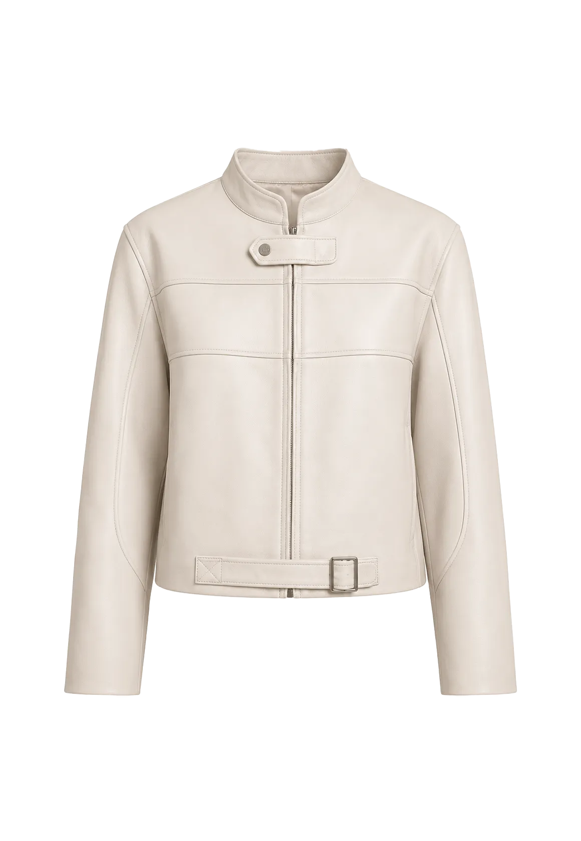 Caramel Mountain white stand collar sheepskin motorcycle jacket product cutout