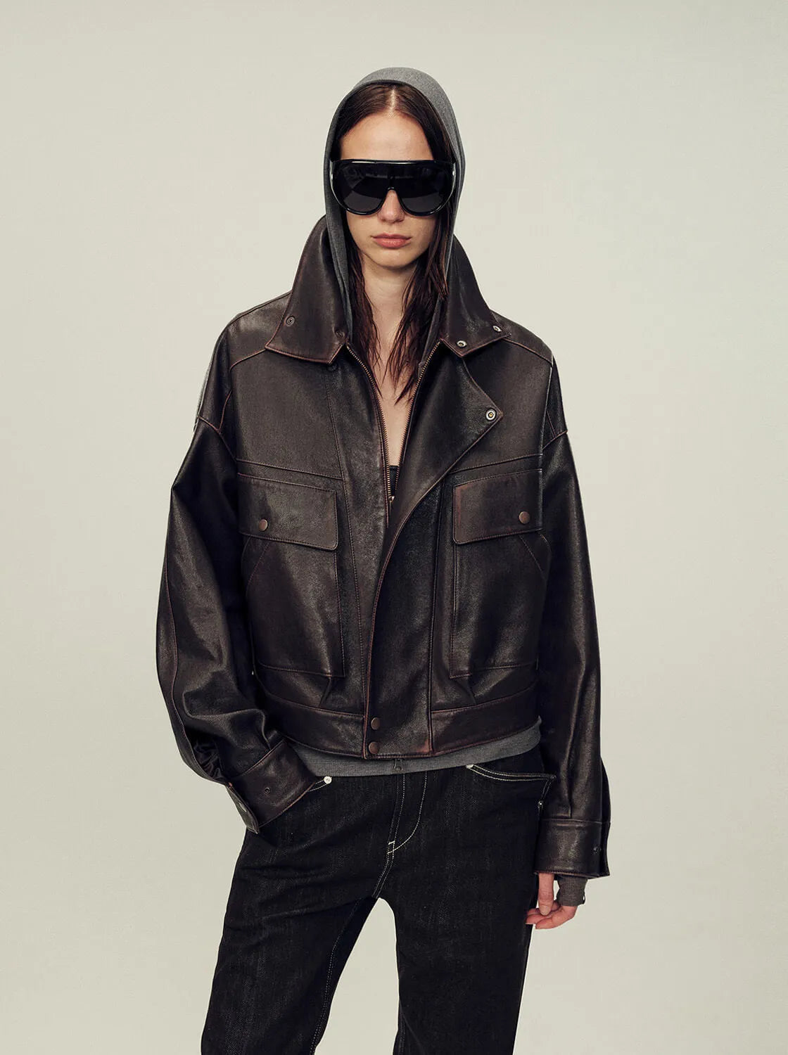 Firelady Fur Lambskin Leather Jacket – Vintage Vegetable-Tanned Funnel Neck "New York Twilight"