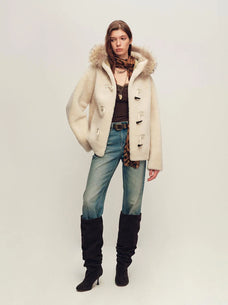 Firelady Fur Women's Hooded Merino Shearling Coat with Detachable Fur Collar and Toggle Closure