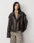 Firelady Fur Women‘s Vintage Waxed Lambskin Trench Style Bomber Leather Jacket “Fashion Boundaries”