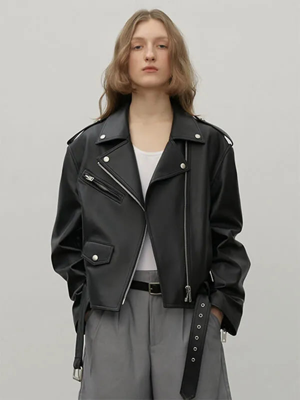 Letrans Women's Lambskin Leather Biker Jacket Cropped Retro Moto Style "Murasaki River"
