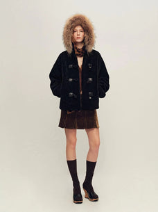Firelady Fur Women's Hooded Merino Shearling Coat with Detachable Fur Collar and Toggle Closure