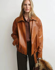 THE ARTM Women’s Sheepskin Leather Jacket, Lightweight, Vintage Double Lapel Style