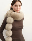 Two-Tone Fox Fur Pom-Pom Scarf for Women – Adjustable Styling, Lightweight Warmth