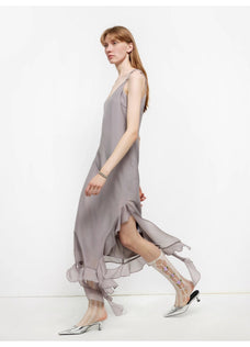 Acetate Mulberry Silk V - Neck Ruffled Draped Twist Strap Summer Dress "Rosy Ombre" - variant_title