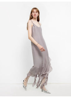 Acetate Mulberry Silk V - Neck Ruffled Draped Twist Strap Summer Dress "Rosy Ombre" - variant_title