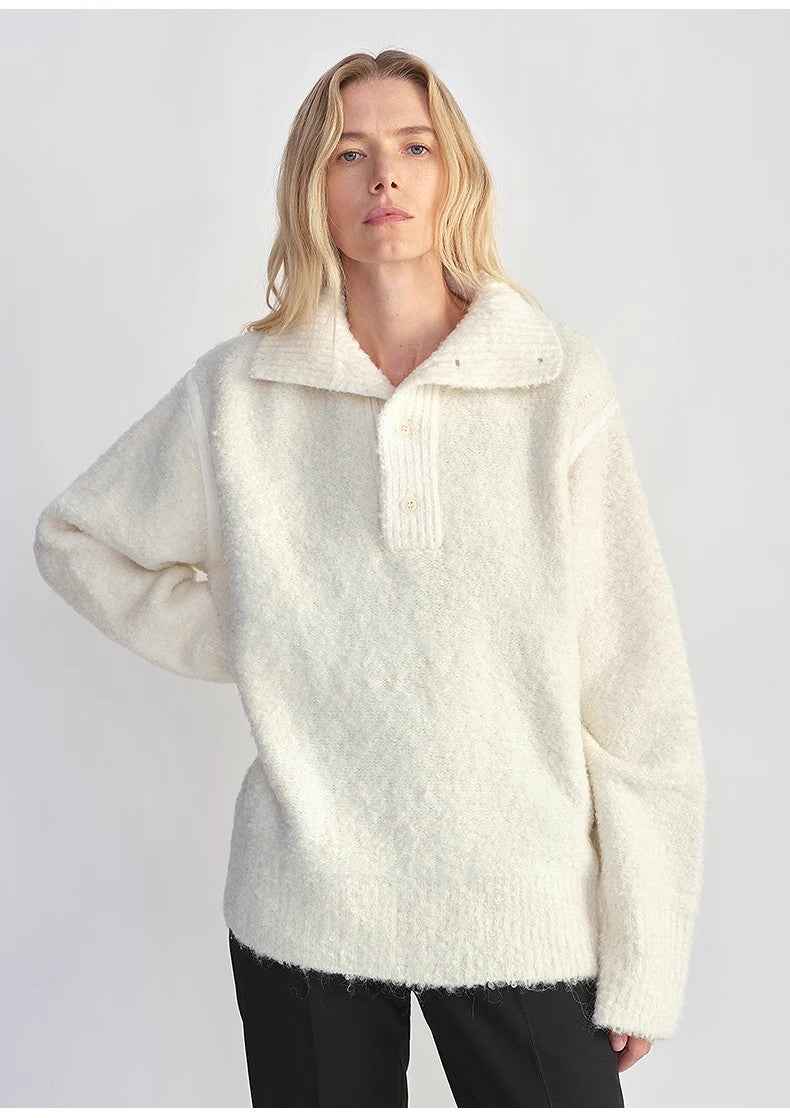 Alpaca wool blended bouclé yarn Spliced POLO shirt Lazy and relaxed sweater - variant_title