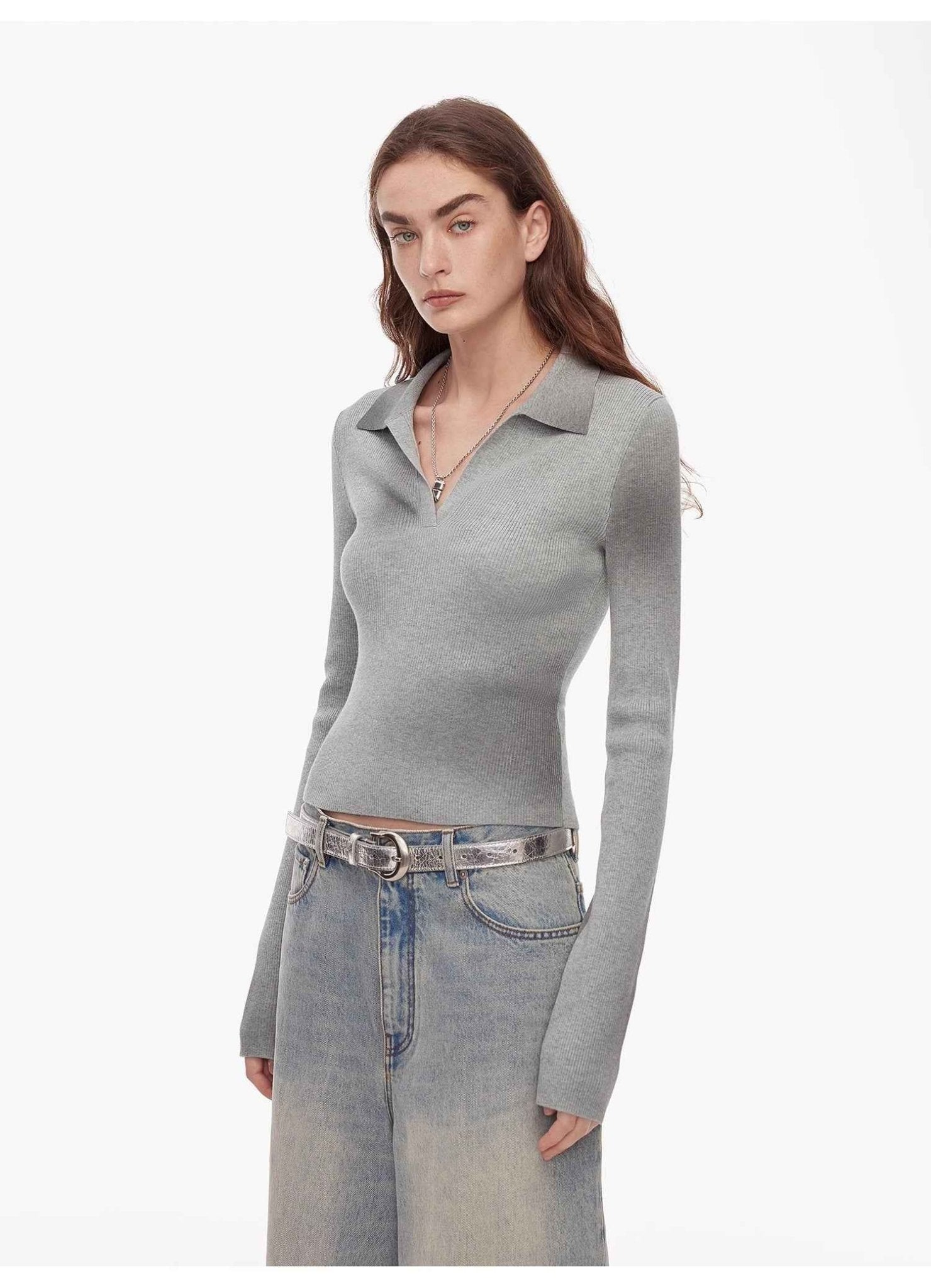 "Artistic Abstract" sfumato distressed printed merino wool waisted polo collar long sleeve short knit sweater - variant_title