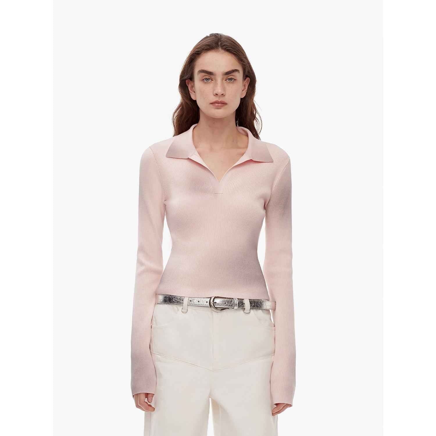 "Artistic Abstract" sfumato distressed printed merino wool waisted polo collar long sleeve short knit sweater - variant_title