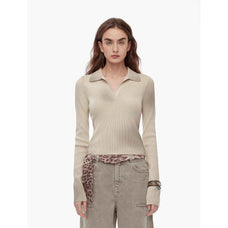 "Artistic Abstract" sfumato distressed printed merino wool waisted polo collar long sleeve short knit sweater - variant_title