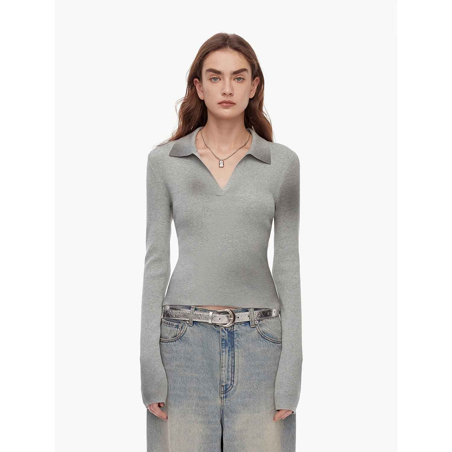 "Artistic Abstract" sfumato distressed printed merino wool waisted polo collar long sleeve short knit sweater - variant_title