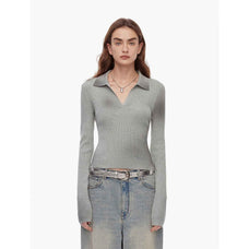 "Artistic Abstract" sfumato distressed printed merino wool waisted polo collar long sleeve short knit sweater - variant_title