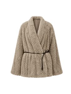 Artistic Weaving oatmeal ash gradient Rex rabbit fur coat front product view