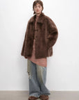 Autumn Exclusive cocoa brown shearling coat, full-length styling view