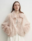 Model wearing the Autumn Secret dirty pink Toscana shearling jacket