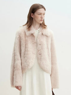Dirty pink Toscana shearling short jacket styled on model