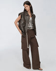 Firelady Fur Barn Feelings dark brown leather jacket styled front view