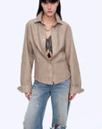 Firelady Fur Berlin Afternoon Tea women's linen shirt in Original Hemp Green close-up model view