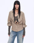 Firelady Fur Berlin Afternoon Tea women's linen shirt in Original Hemp Green front model view