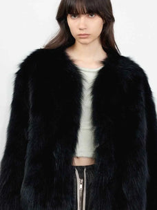 Black Sugar Temperament Black fox fur cardigan, front model view
