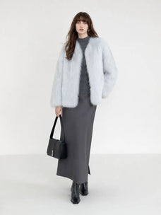 Black Sugar Light Blue fox fur cardigan full-length model view