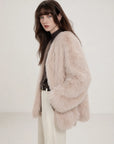 Black Sugar Pink fox fur cardigan full-length model view