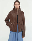 Letrans Vintage Waxed Finish Drop Shoulder Funnel Neck Cropped Leather Jacket Canyon Sunset